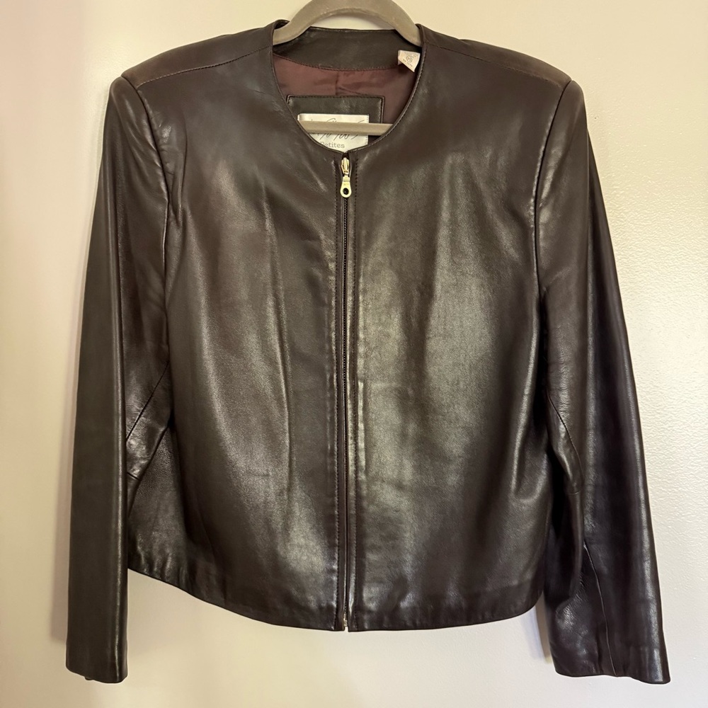 Lord & Taylor Petites Chocolate Brown Leather Jacket Size 14